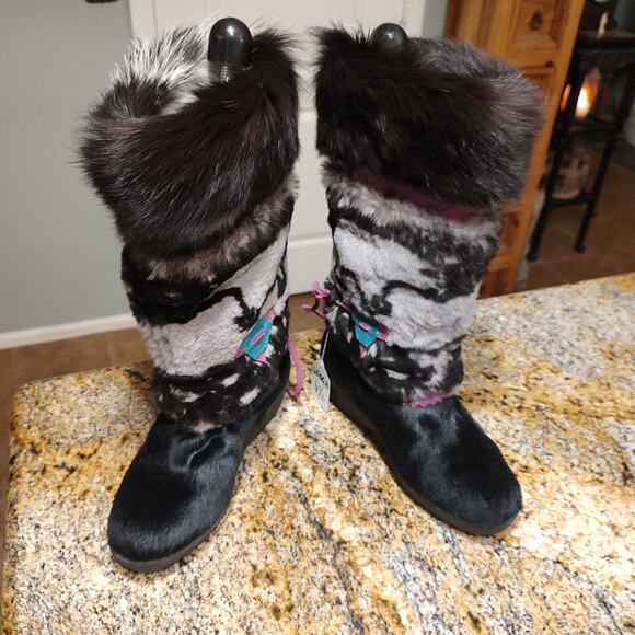 Tecnica Leather Fur Embroidered Boots Mid Calf Multicolor Women's Size US 6.5 - Picture 5 of 15